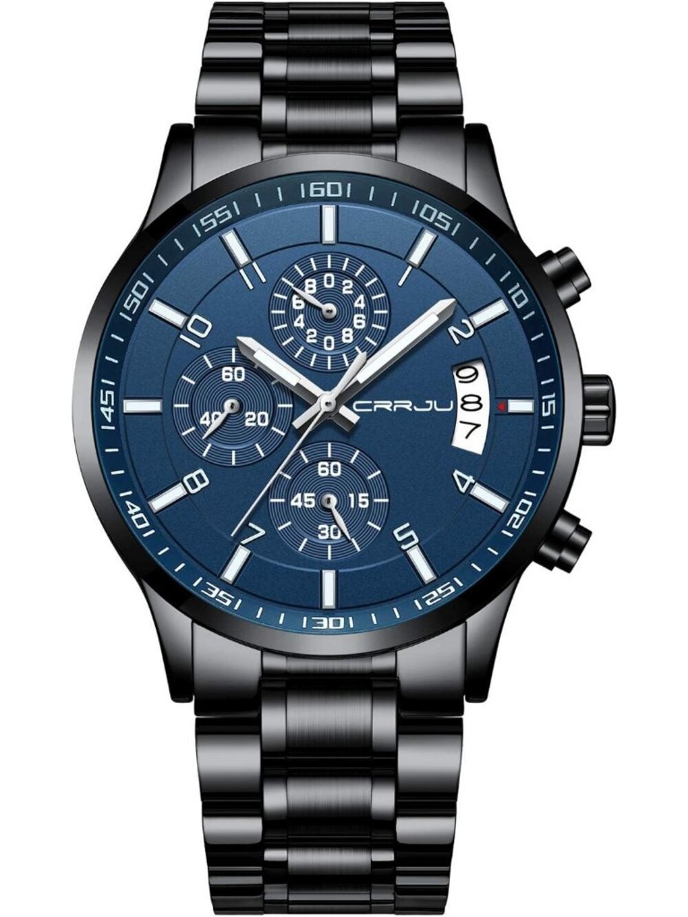 Mens Black Blue Analog Quartz Stainless Steel Waterproof Chronograph Wrist Watch
